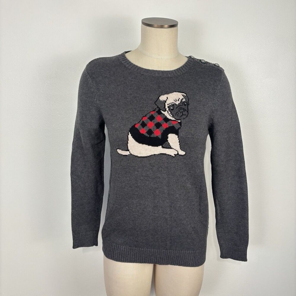 Charter Club Women's Size S Cotton Blend Pug Dog Gray Long Sleeve Sweater